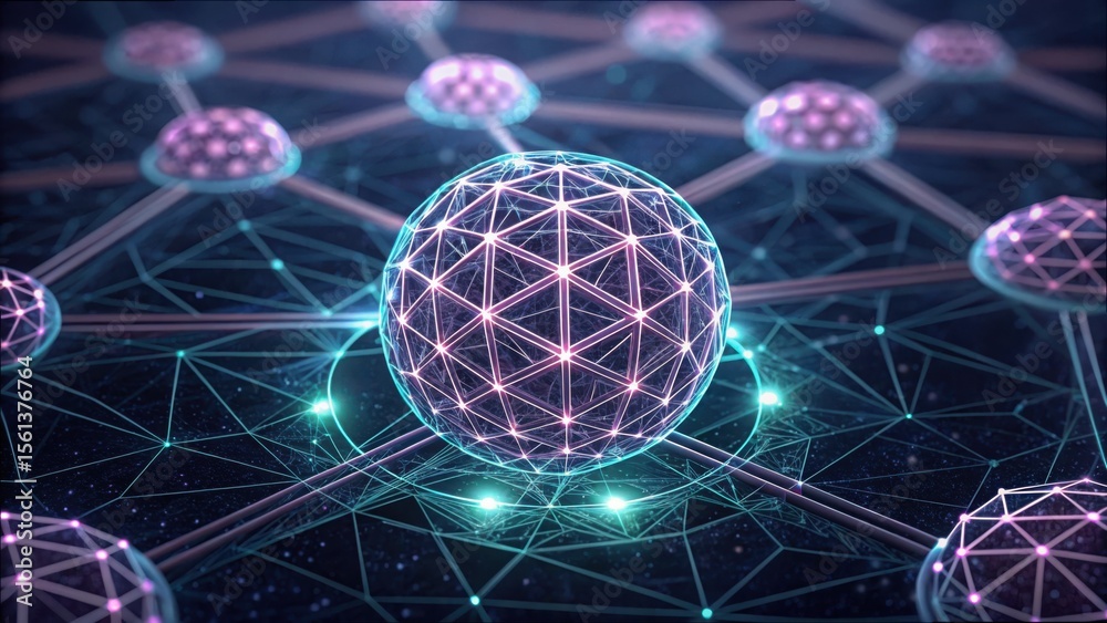 Aufkleber Glowing Neon Spheres Connected by Nodes in Futuristic Data Network