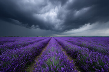 Obraz premium Lavender Field Under Dark Storm Clouds – Dramatic Landscape Nature Scene