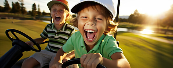 Two kids joyfully driving a golf cart on a sunny course, capturing the fun of a day outdoors with friends and family