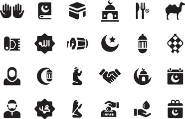 Religion and Worship Glyph Icons – Mosque, Temple, Church, Book, Moon, Praying Hands, Candle for Culture, Faith, and Spirituality