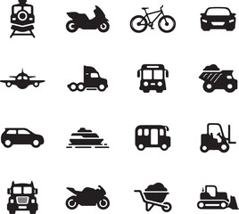 Vehicle and Transport Glyph Set – Car, Bike, Bus, Auto, Boat, Jet Icons for Travel, Transportation, and City Commute Projects