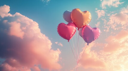 Fototapeta premium A Box flying on a parachute with pink cloud in valentine day,package flying down from sky and cloud with parachute, concept for delivery service,shopping online,air delivery service.