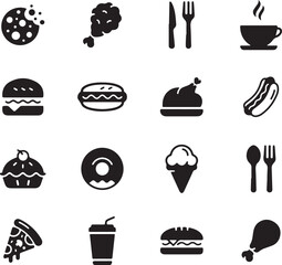  Fast Food and Cafe Icon Set – Burgers, Donuts, Coffee, Ice Cream in Flat Solid Style for Menus, Delivery Apps, and Cafe Branding