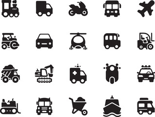  Car and Bus Silhouette Icons – Taxi, Minivan, Bus, Auto Transport Solid Vector Set