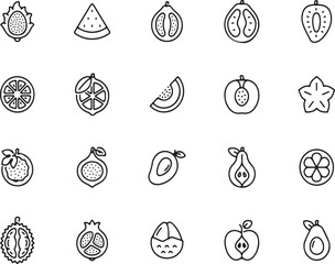  Fresh Fruits and Seeds Line Icon Set – Nature, Healthy, Organic, Watermelon, Orange, Apple, Pomegranate, Slice, Plant, Citrus, Nutrition