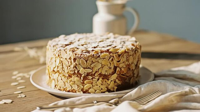 Oatmeal cake on wooden table with cream and soft fabric draped  