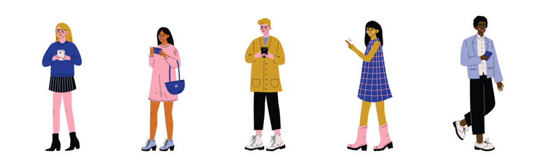 Obraz premium Young Man and Woman with Smartphone Gadget Vector Set
