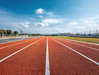 Red running track lines lead into distance under bright blue sky, creating sense of energy and motivation outdoors