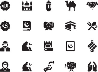 Religion and Worship Solid Icons &ndash; Mosque, Quran, Prayer Rug, Crescent, Islamic Pack Vector Symbols