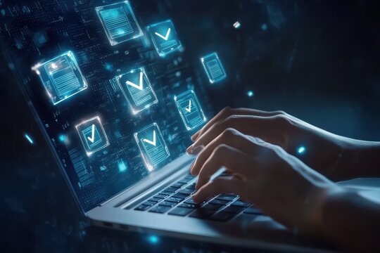 A person is typing on a laptop with a blue screen that has a lot of boxes. Hands typing on a laptop with digital document icons and a check mark overlay futuristic blue background.