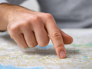 Finger pointing at location on paper map close up hand navigation travel planning journey exploration decision making focus direction