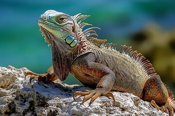 Fototapeta premium Iguana basking on rocky shoreline caribbean beach wildlife photography tropical environment close-up view nature exploration