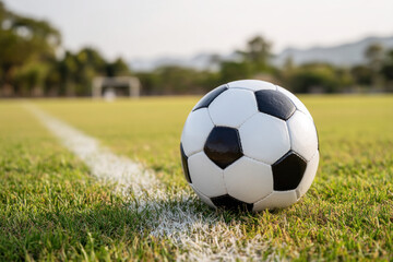 Fototapeta premium Soccer ball grass field outdoor white black line sport game focus goal day competition recreation equipment round summer green leisure play energy