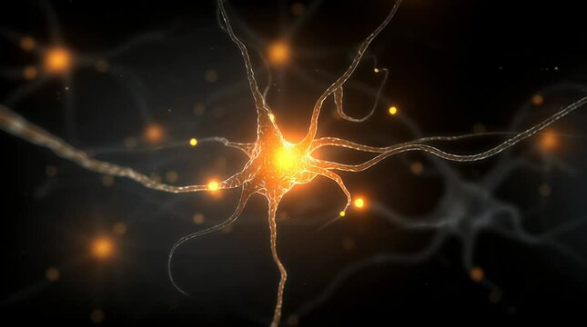 3D Illustration video of Neuron Cell with Dendrites and Axon on Dark Background