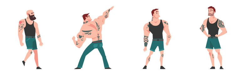Tattooed or Inked Man Character in Standing Pose Vector Set