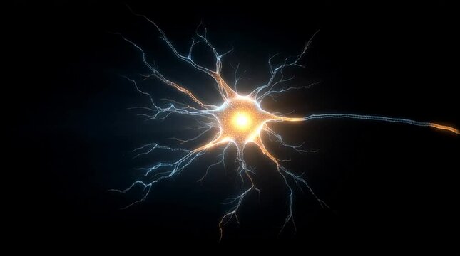 3D Illustration video of Neuron Cell with Dendrites and Axon on Dark Background
