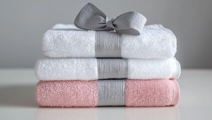 Stack of white and pink towels with a gray ribbon bow
