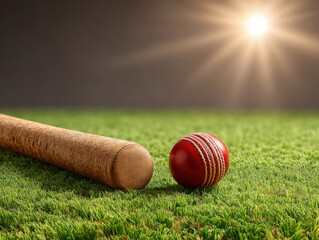 Cricket bat and red ball on textured grass field with dramatic sunlight, outdoor sports equipment, energetic atmosphere
