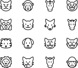 Fototapeta premium Animal Head Icon Set - Cat, Dog, Lion, Bear, Tiger, Zoo, Wildlife, Pet, Wild, Face, Cute, Outline