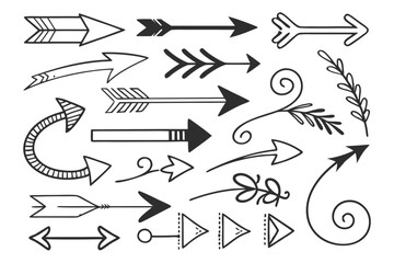Black Arrows Set in Hand-Drawn Sketch Vector Style Featuring Swirled, Zigzag, and Circular Icons for Infographic Templates, UI Navigation Charts, and Presentation Layouts.

