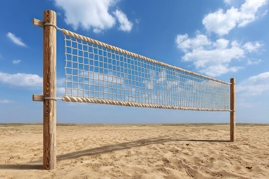 Sand volleyball court net in center with clear blue sky, wooden posts, and empty beach, creating peaceful and inviting atmosphere