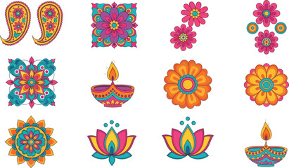 Vector diwali elements set with paisley flowers and diya oil lamp designs
