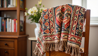 Colorful patterned blanket draped on chair in cozy living room  