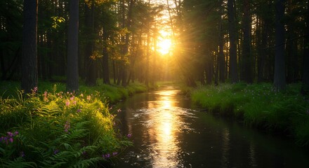 Fototapeta premium Forest Stream at Sunset