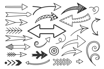 Sketchy Hand-Drawn Arrows in Black Vector Style Featuring Curved, Circular, and Zigzag Icons for Infographics, Navigation UI Symbols, and Creative Presentation Layouts.

