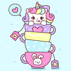 Cute Unicorn vector in Sweet Coffee mugs Fairy animal Kawaii Sticker