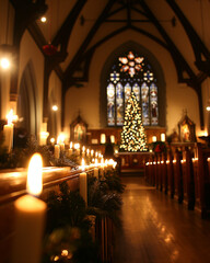 Warm candlelight glows beside a decorated Christmas tree in a church during a festive evening ceremony. Generative AI