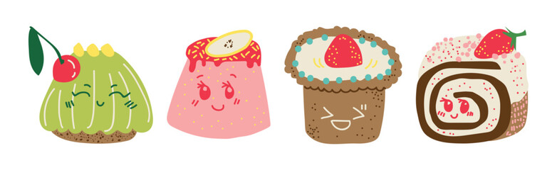 Cute Sweet Dessert with Smiling Face Vector Set