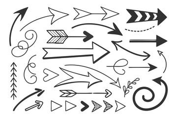 Fototapeta premium Curved Arrow Icons in Hand-Drawn Vector Sketch Style Featuring Circular and Swirled Lines in Black for UI Navigation Projects, Infographics, and Design Presentations.