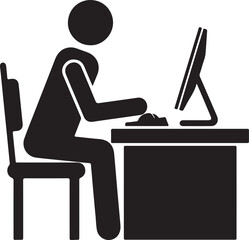 Silhouette of a person working on a laptop at a desk in an office