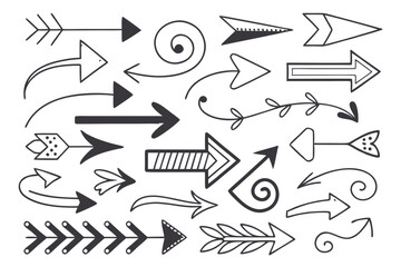 Hand-Drawn Vector Arrows in Sketch Style Featuring Black Circular and Swirled Lines for UI Navigation Graphics, Infographic Templates, and Creative Presentation Layouts.


