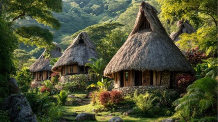 Traditional thatched huts in lush green tropical forest with stone foundations and palm trees