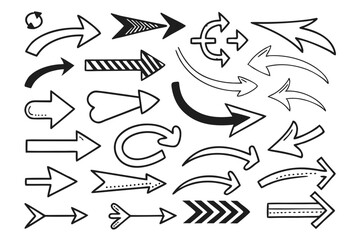 Sketchy Hand-Drawn Arrow Icons in Vector Style Featuring Curved, Circular, and Zigzag Black Designs for Infographics, Navigation UI Layouts, and Graphic Presentations.

