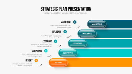 Visual Growth 5 Element Diagram Frame Template. Product Insight Five Step Infographic Slide Layout. Advertising Report Slideshow Design Vector Illustration.