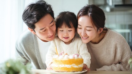 Asian Family Celebrating Birthday with Cake Indoors