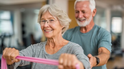 Senior Woman Using Exercise Band with Man Assisting During Physical Therapy