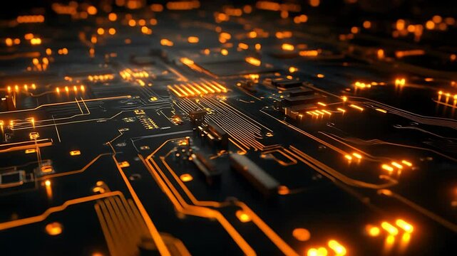 Close-up view of a circuit board with glowing orange lights, showcasing intricate electronic pathways