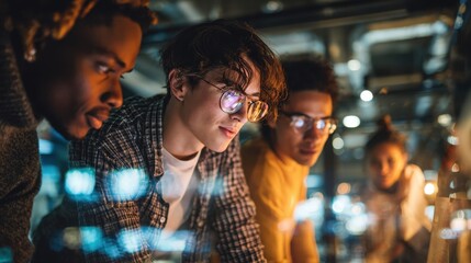 Focused Team Collaboration Young Professionals Working Late on a Project, Innovative Teamwork and Problem Solving in a Modern Office Setting