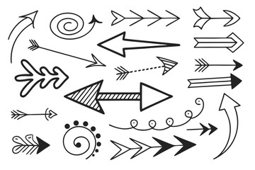 Hand-Drawn Vector Arrows Set in Sketch Style Featuring Curved, Circular, and Swirled Black Icons for Creative UI Navigation Templates, Infographics, and Design Presentations.

