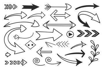 Hand-Drawn Arrows Set in Vector Sketch Style Featuring Circular, Zigzag, and Looped Black Lines for Infographic Templates, UI Navigation Symbols, and Design Presentations.

