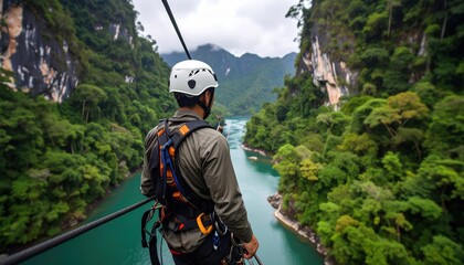 Obraz premium Man with safety helmet and harness on a zip line looking out at a turquoise river and lush green mountain landscape