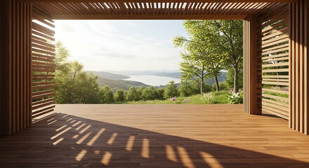 Fototapeta premium Wood terrace with nature view, Surrounded by the nature. There are wooden floor and wall slats partition. There have the sunlight into the floor.