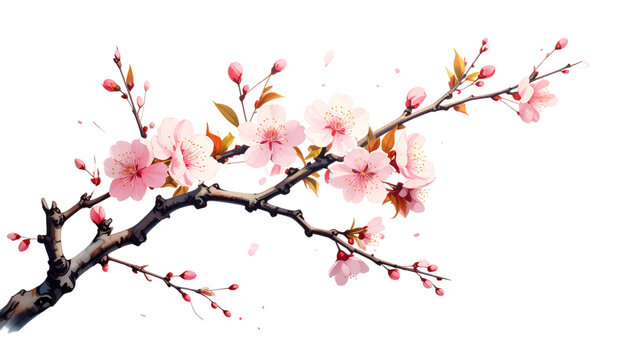 Beautiful pink cherry blossoms blooming on branches, shown isolated on white background