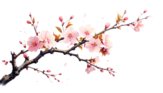 Beautiful pink cherry blossoms blooming on branches, shown isolated on white background