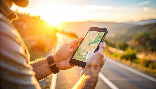 Person holding a smartphone displaying a map application against a scenic landscape background road and bright sunset