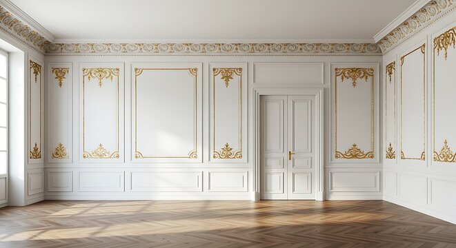 White wall panels in classical style with gilding and door